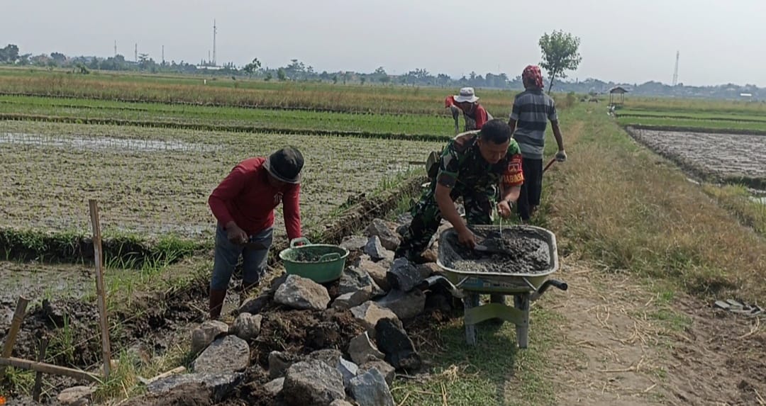 Babinsa Koramil Prambanan Bersama Masyarakat Karya Bakti Buat Talud Saluran Irigasi