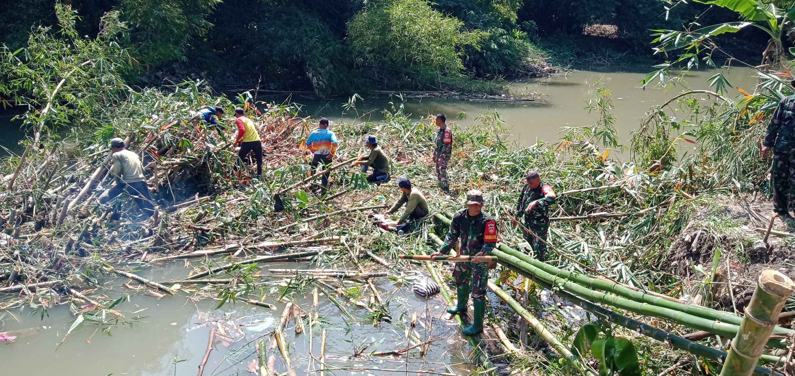 Sinergi TNI, Relawan Dan Warga Bersihkan Rumpun Bambu Pasca Banjir Di Sungai Kaligawe Klaten